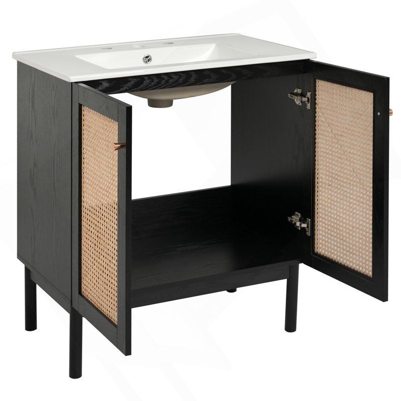 Meuble-lavabo de 30 pouces fabriqué à partir de matériaux naturels, avec des portes en rotin faites à la main et des mécanismes de fermeture en douceur