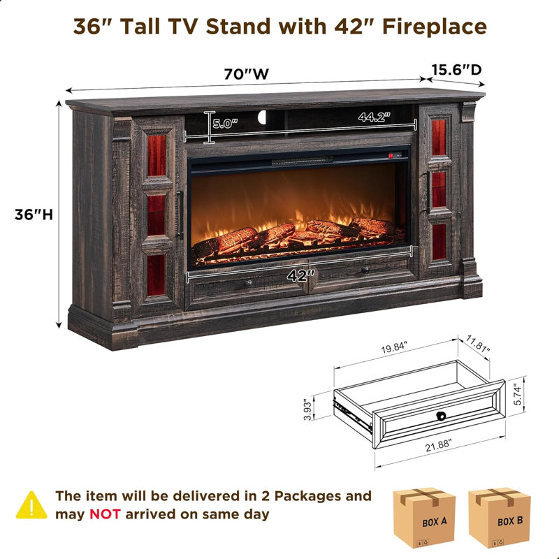 Farmhouse Tv Stand With Electric Fireplace, Dark Rustic Oak