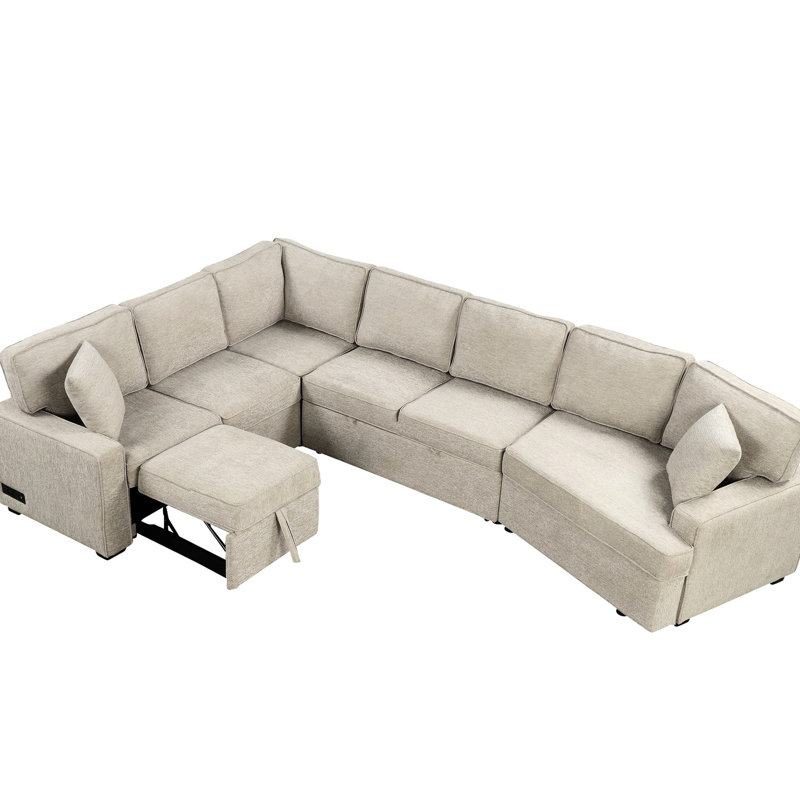 Canapé-lit modulaire escamotable beige en forme de L 126 po, avec porte-gobelets et chargement pour beige, salon, Beige