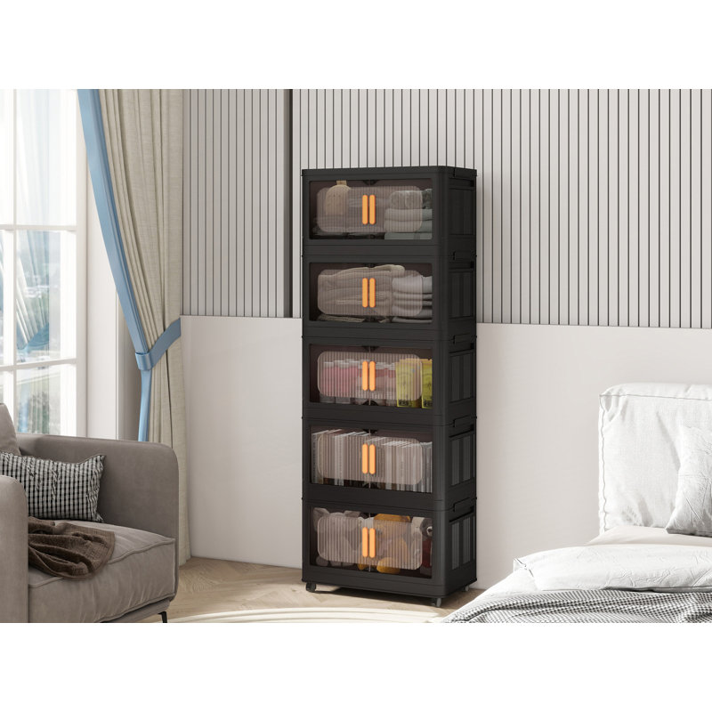 Folding Storage Cabinet, 5 Tiers Collapsible Storage Bins With Magnetic Door