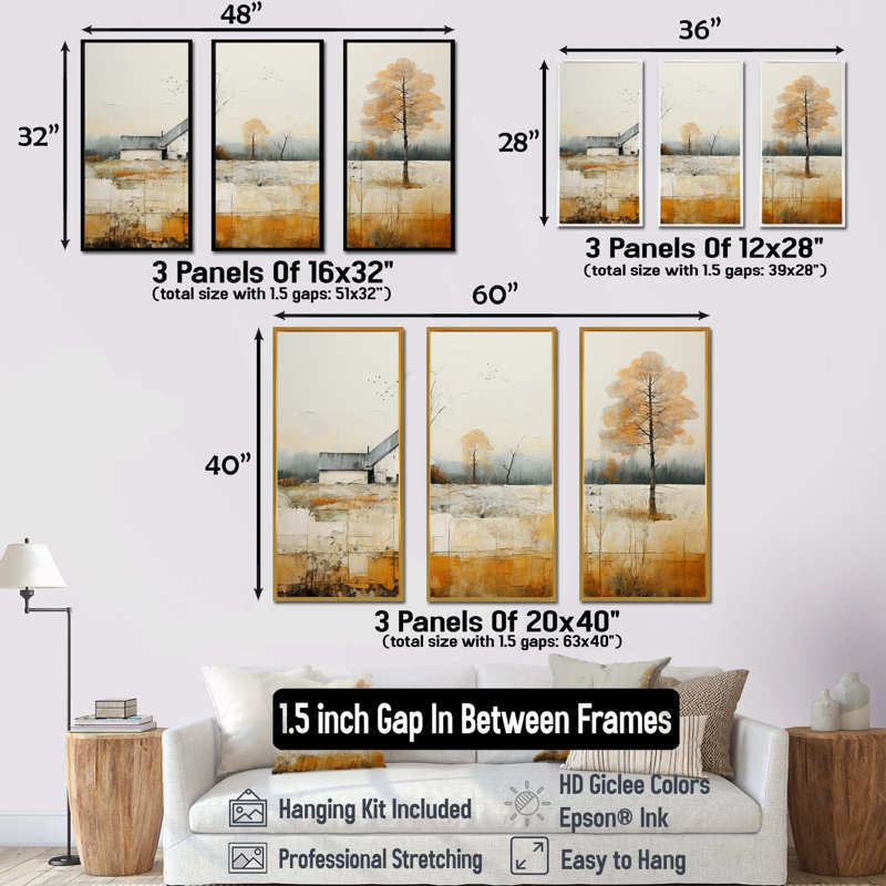 «Bold Mute Tone Countryside Landscape IV - Ensemble d'art mural sur toile campagne, Cadre flottant doré, 40" H x 60" W x 1" D