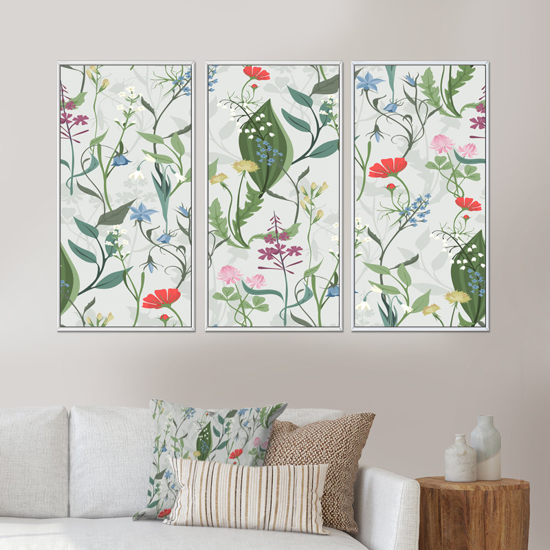 Herbes et fleurs sauvages - 3 pièces, reproduction sur toile, H 28 po x l 36 po x P 1 po, Cadre blanc