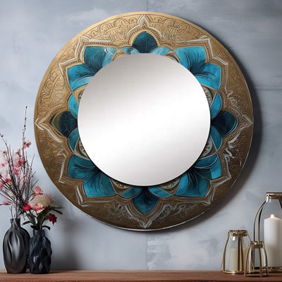 Peteris bleu et or Mandala III - miroir boho mandala, miroir mural rond bleu