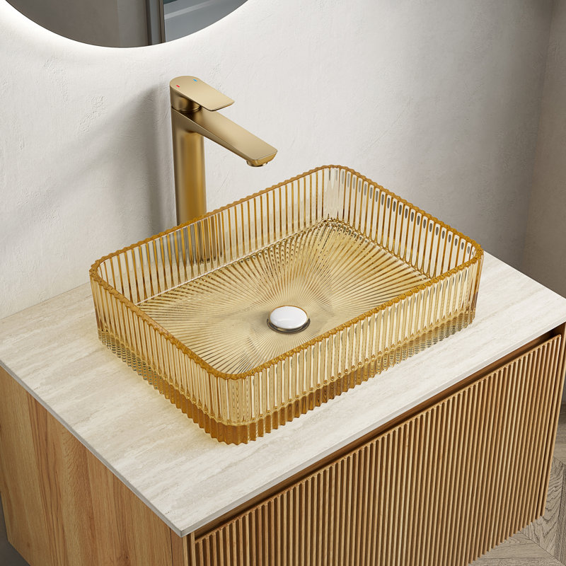 Lavabo rectangulaire en verre cristal de 45,7 cm (18 po) pour salle de bain, sans robinet, Doré + verre