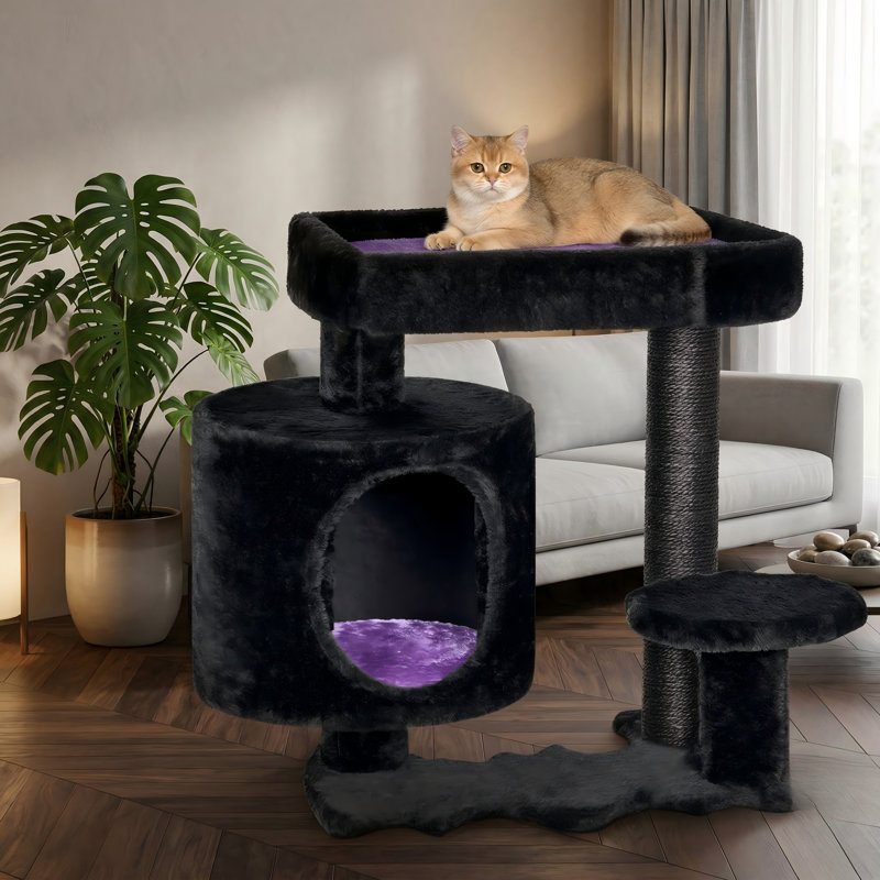 Arbre à chat gothique avec lit cercueil, tour d'arbre à chat Goth, poteaux à griffes, tablettes pour chat, jouet araignée, noir et violet