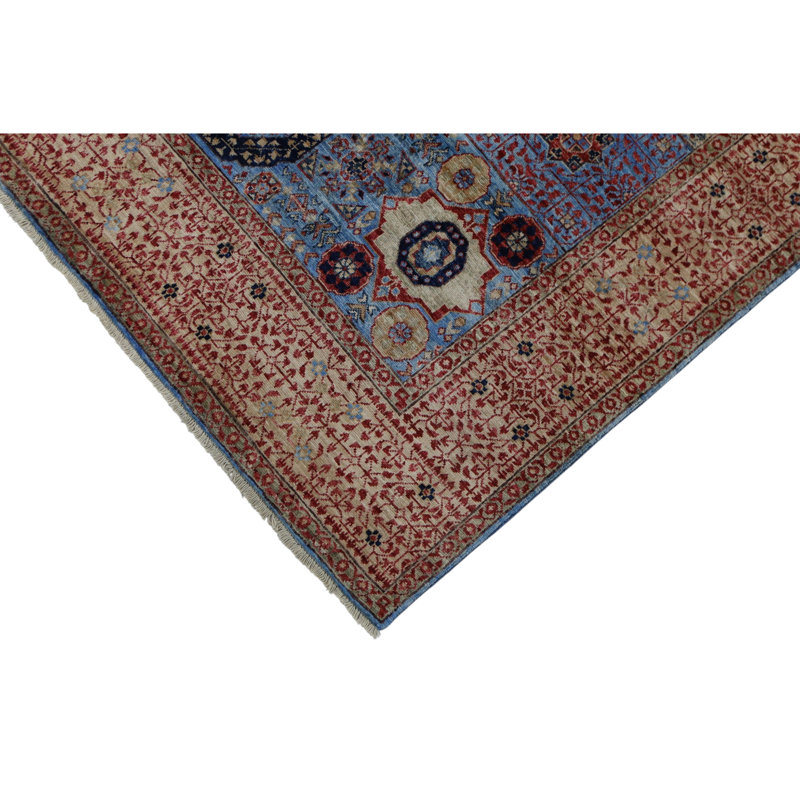 Hand Knotted Wool Area Rug in Blue And Beige, Rectangle 4'10" x 6'11"