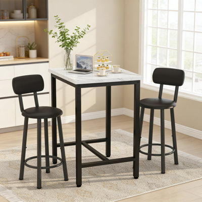 3-Piece Bar Table Set For 2, 23.6 " Square Pub Table With 2 PU Upholstered Backrest Chairs, Counter Height Kitchen Table Set For Small Spaces, Bar, Restaurant, Apartment