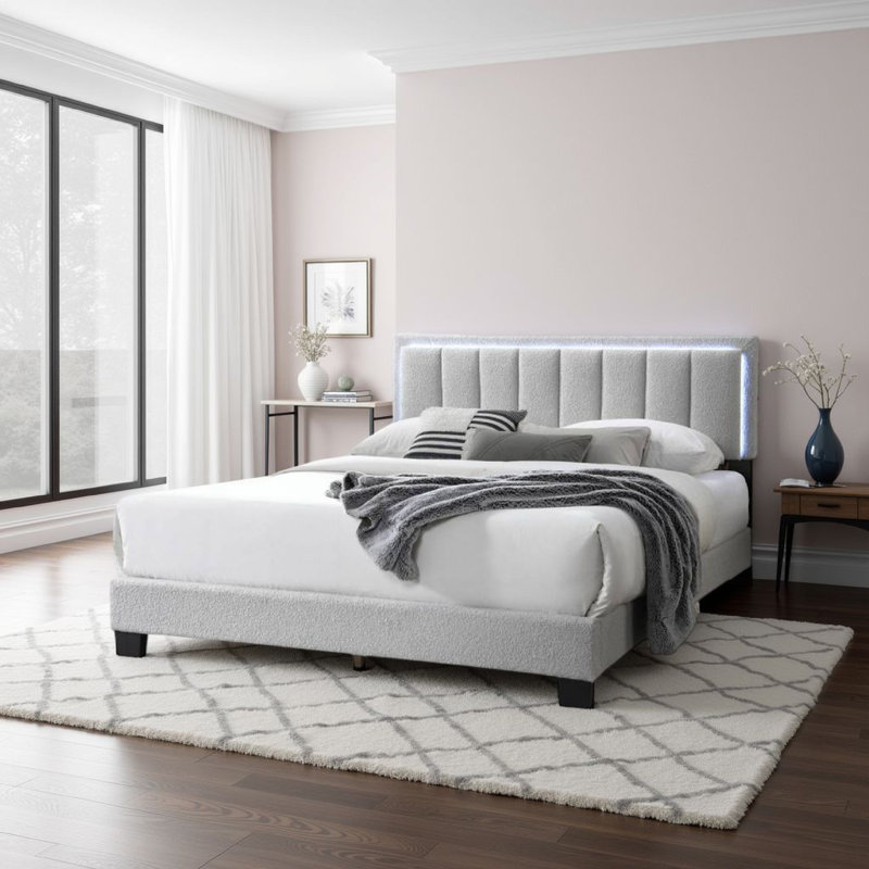 Grand lit en tissu avec tête d'éclairage DEL, Gris