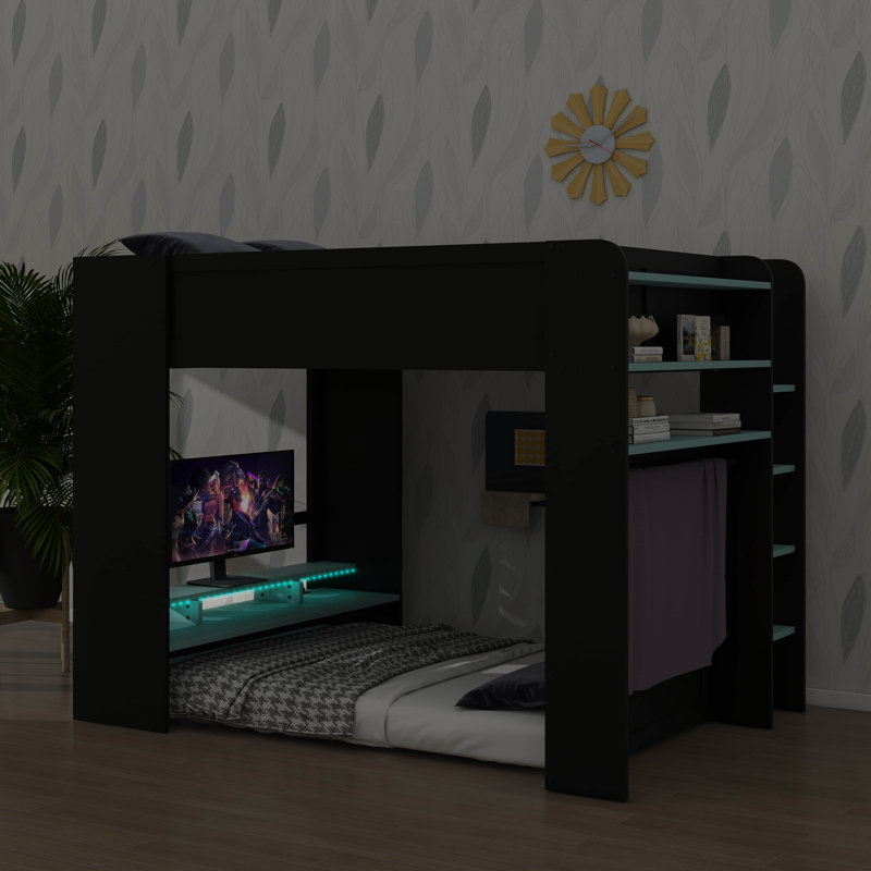 Lit superposé double avec bureau à hauteur réglable, garde-robe et éclairage RVB inclus, Noir / Bleu