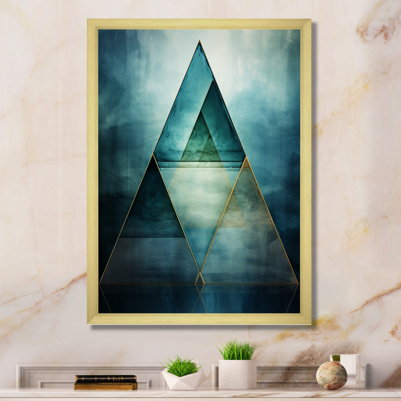 Emerald Blue Pyramid Shapes I, Gold Single Picture Framed, 32" H x 16" W x 1" D