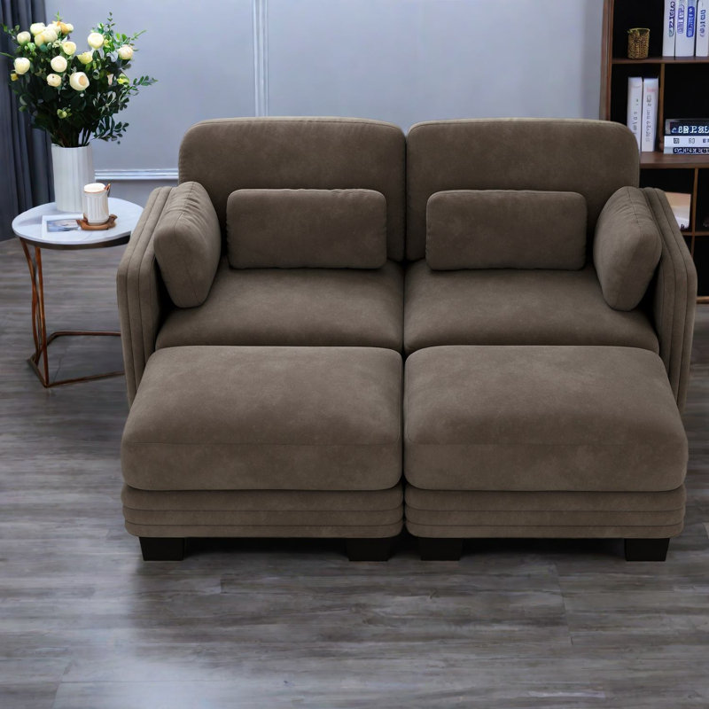 Canapés d'angle modulaires modernes, canapé 2 places en chenille marron avec 2 poufs pour la maison
