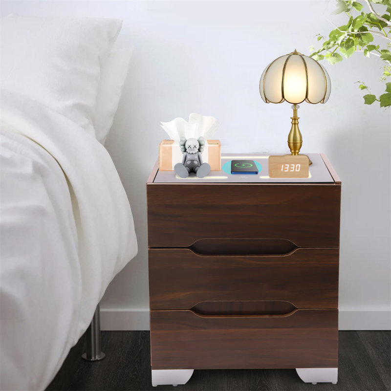 Zaizi Manufactured Wood Nightstand w/ Wireless Charging Station and LED Lights, Brown