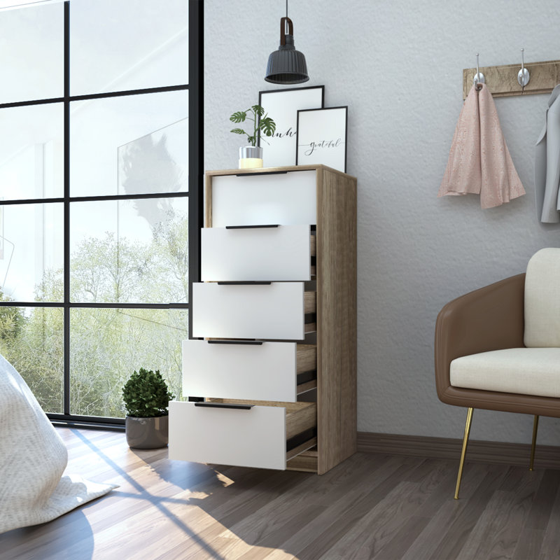 Kaia 5 Drawer Dresser, Vertical Dresser, Light Oak/White