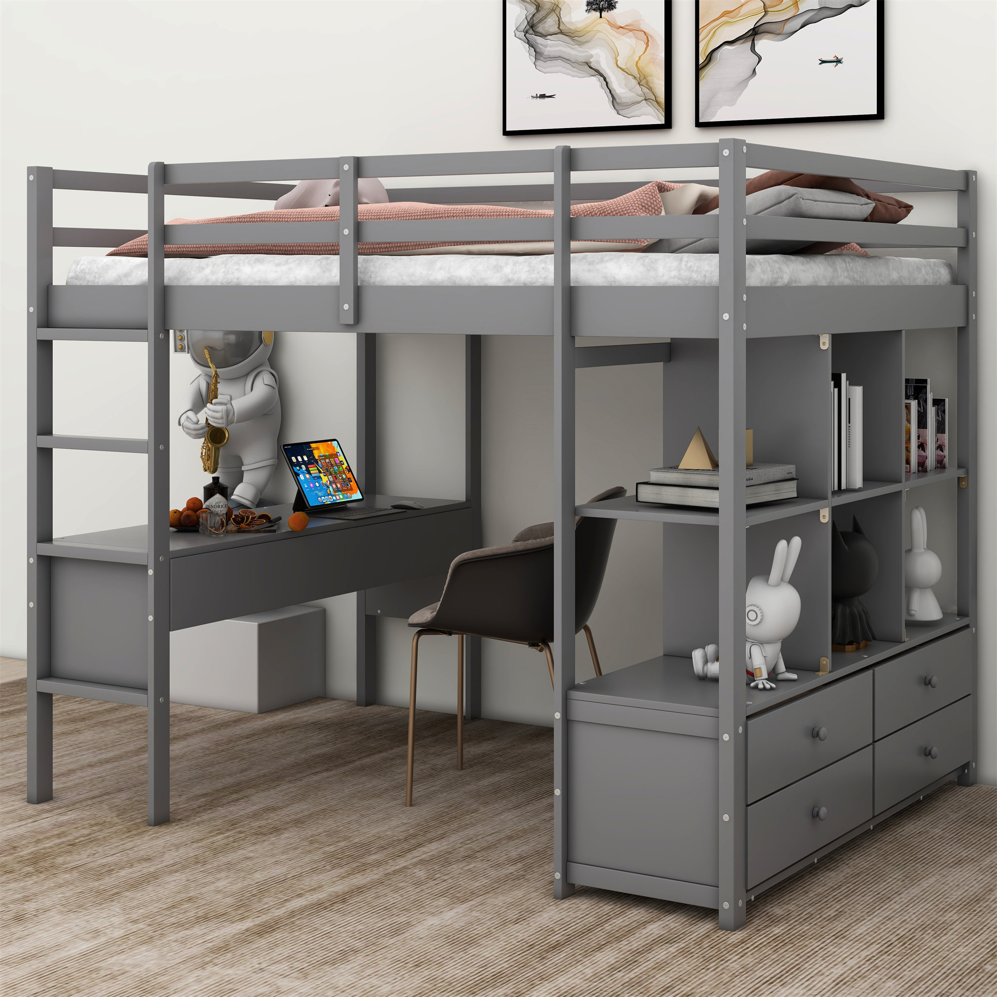 Harriet Bee Jagat Full Size Wooden Loft Bed with Built-in Desk,Drawers ...