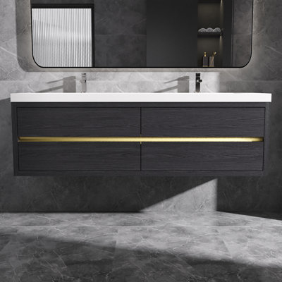 Wall-Mounted Floating Bath Vanity with Double Solid Surface Sink Top in White