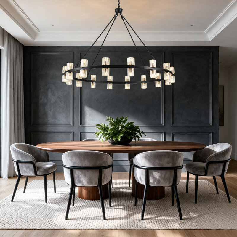 32 - Light 49.21" Large Dimmable Round Crystal Cup Style Wagon Wheel Chandelier For Dining Room Living Room, Matte Black