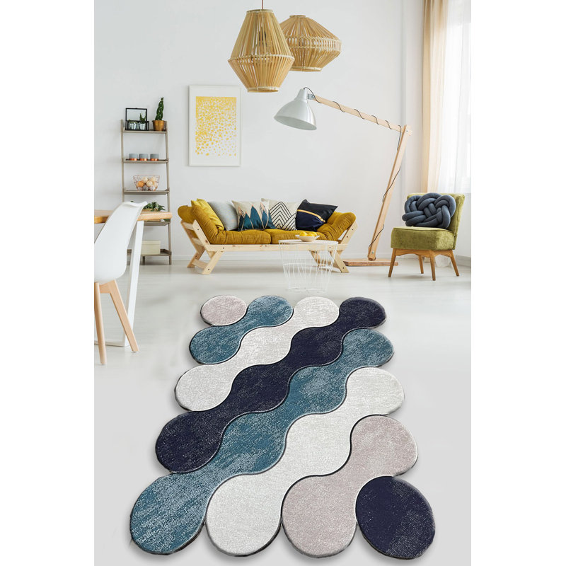 Premium Area Rug, 6.6 x 9.5 ft, 100% Polyester, Antibacterial, Non-Slip Backing, Machine Washable | Stylish Blue, Dark Blue, White & Beige Design | Soft Pile Height: 0.4 inches | Perfect for Living Room & Bedroom Decor