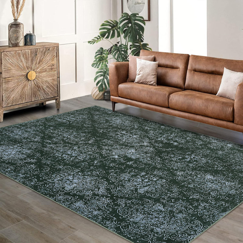 Boho Botanical Floral Area Rug Machine Washable, Thin & Lightweight Throw Carpet Soft Vintage design for Living Room or Bedroom