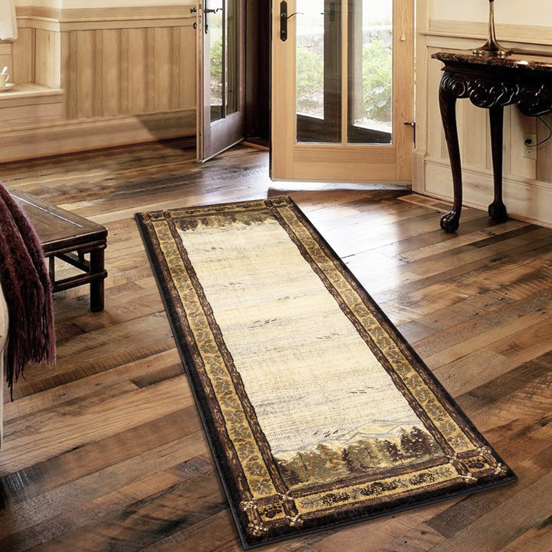 Tapis noir Lodge - teintes terreuses et scènes de forêt, Rectangle 8 pi 1 po x 10 pi 2 po