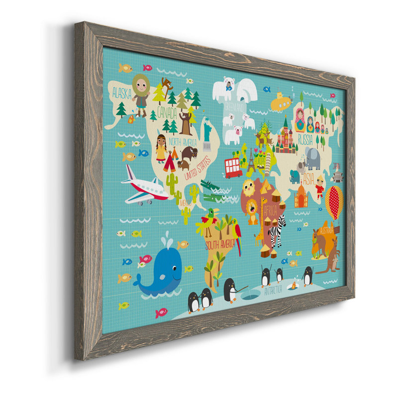Carte du monde des enfants - cadre photo, impression sur toile, Toile avec cadre gris, H 37,5 po x l 27,5 po x P 1,5 po