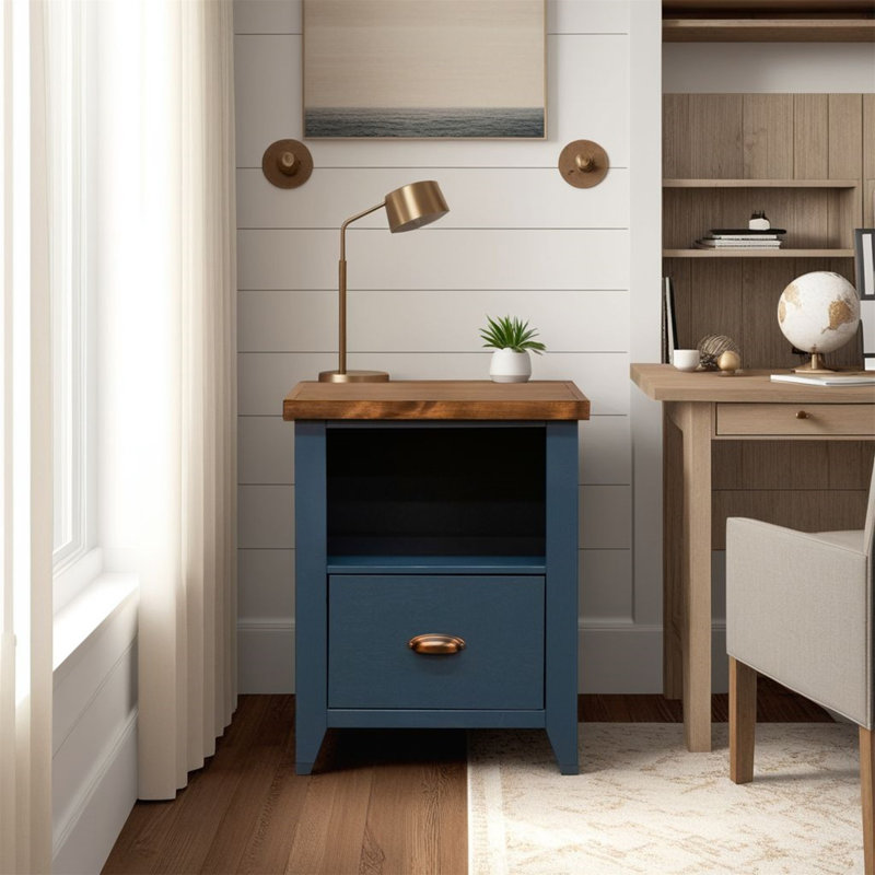 Classeur 1 tiroir 22 pouces, aucun assemblage requis, denim bleu et finition whisky