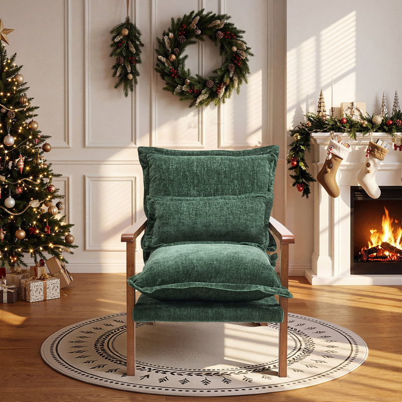 Chenille Accent Chair Armchair With Pillow, Walnut, Green