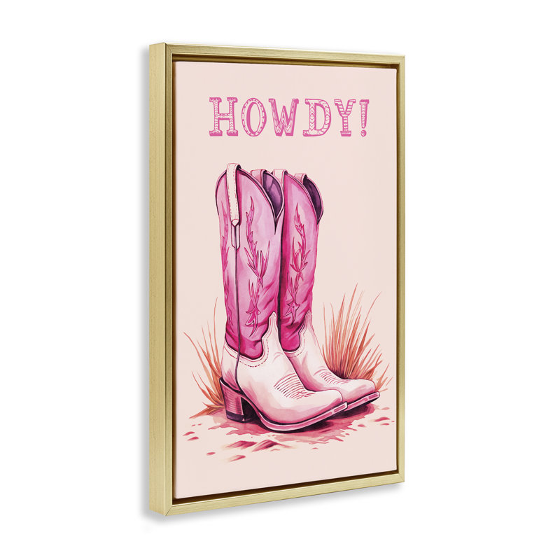 Toile flottante encadrée rose avec bottes de cow-boy par Andrea Haase, Cadre flottant métallique doré, H 31 po x l 21 po