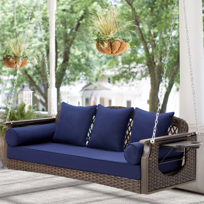 Winston Porter 3 Seat Wicker Hanging Porch Swing, 60In Patio Swing Bench With Tea Trays & 3 Back Cushions, Swing Chair With Chains For Deck Garden Backyard