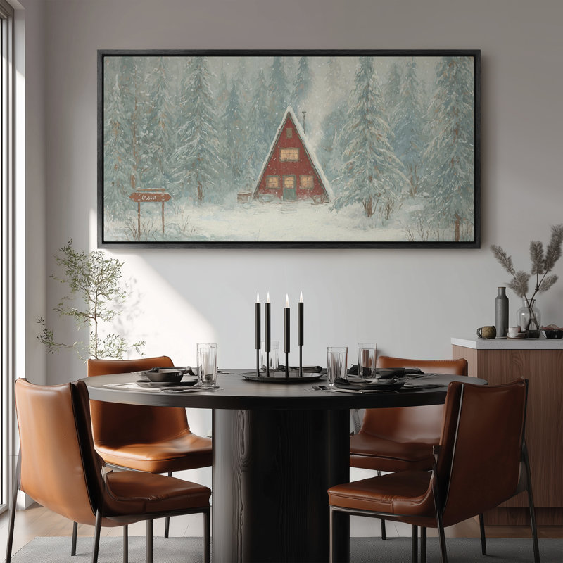 Large Framed Canvas Wall Art - Snowy Forest Cabin Winter Landscape Wall Decor - 60"x20", 60"x30", H 30 po x l 60 po, Noir