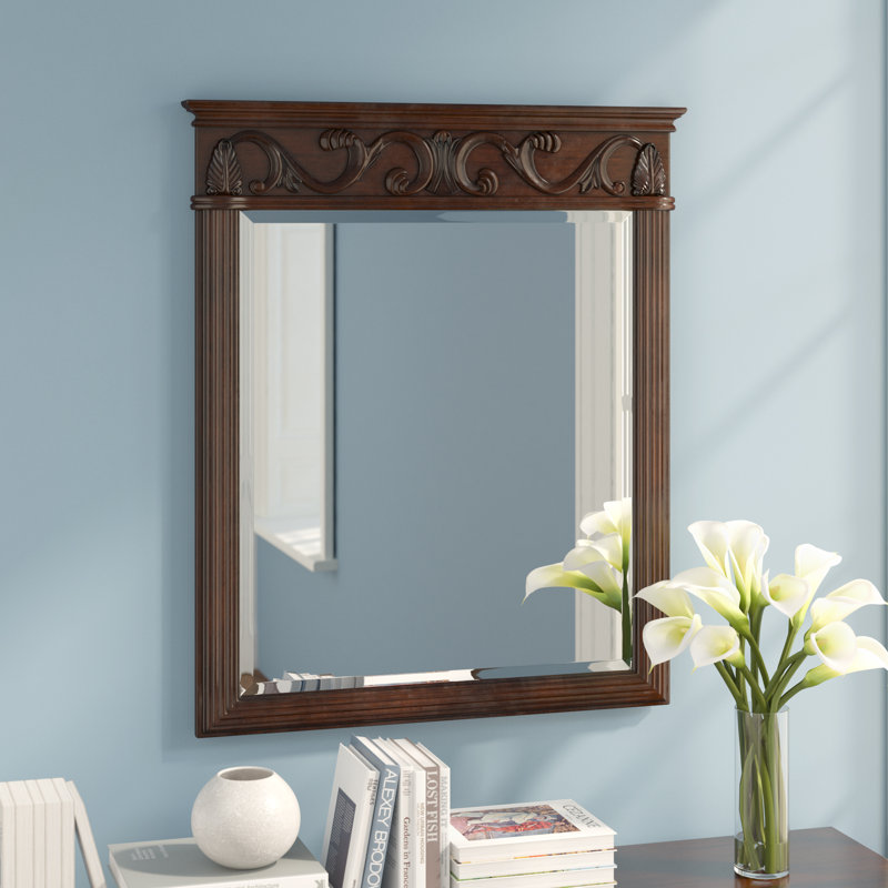 Aurillac Traditional Beveled Bathroom/Vanity Mirror, 38" H x 32" W, Teak