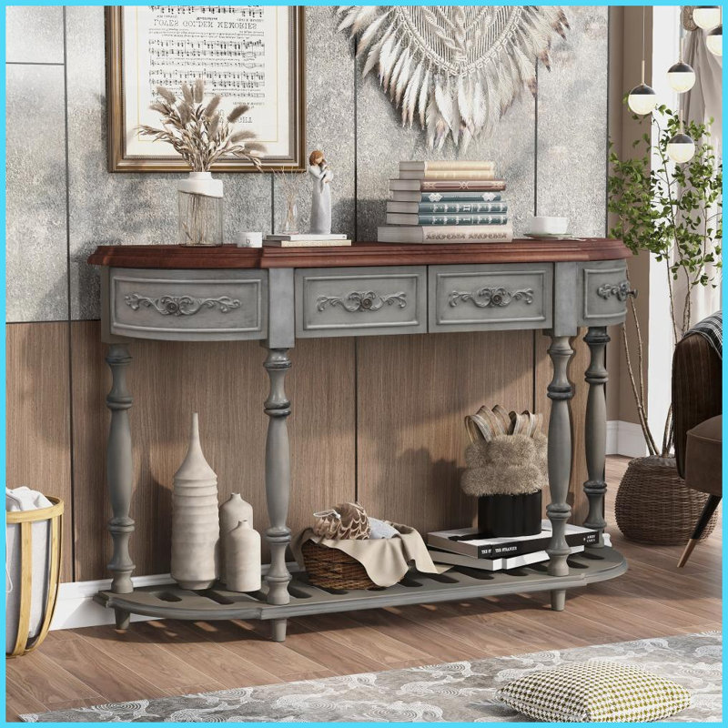 Table basse contemporaine de 52 po - bois massif et amp; Panneau de fibres à densité moyenne, 4 tiroirs + 1 tablette, assemblage facile Rangement spacieux
