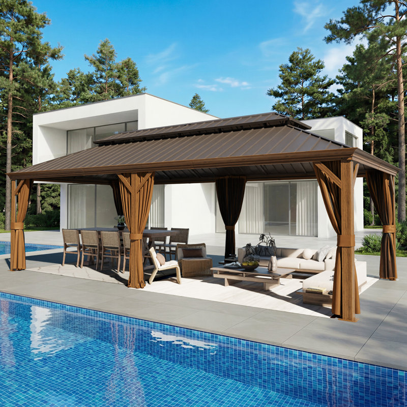 24 Ft. W x 12 Ft. D Aluminum Hardtop Gazebo with Double Roof, Curtains & Mosquito Netting, 24 Ft. W x 12 Ft. D