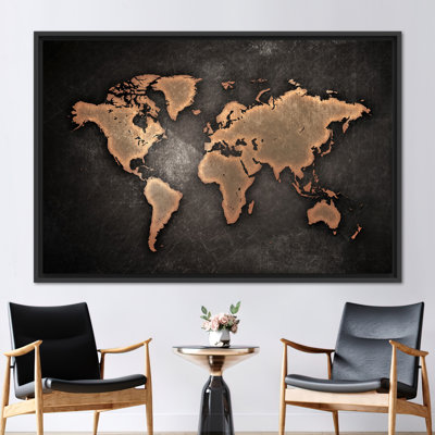 Bronze Printed Modern Abstract World Map School Office Wall Art Canvas Poster