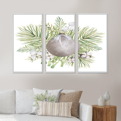 Bouquet de fleurs de Noël avec coton, branches II - reproduction de cadre flottant sur toile 3 pièces