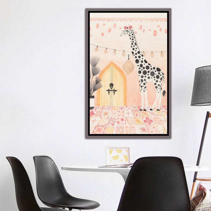 Girafe au Maroc, art encadré, H 60 po x l 40po x P 1,5 po, Toile encadrée de bois rustique foncé