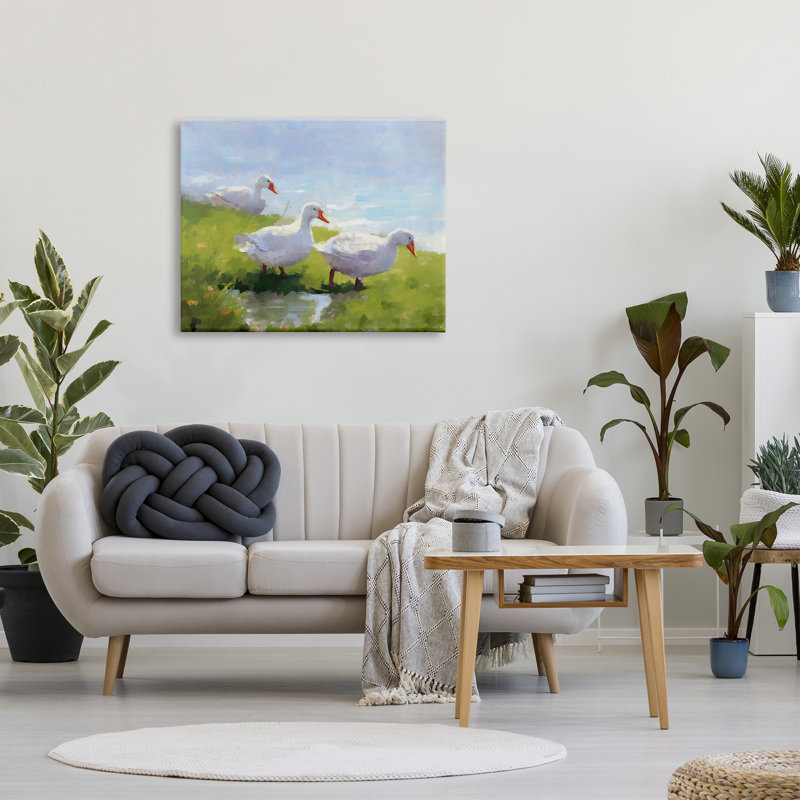 Trois canards, paysage sur toile par Ziwei Li, peinture, H 30 po x l 40 po x P 1,5 po