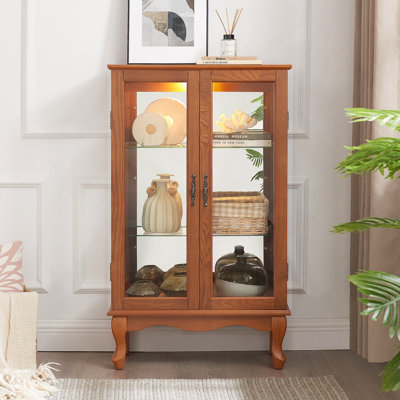 Elegant Oak Curio Cabinet with Tempered Glass, Mirrored Back, Adjustable Shelves & Interior Lighting for Display