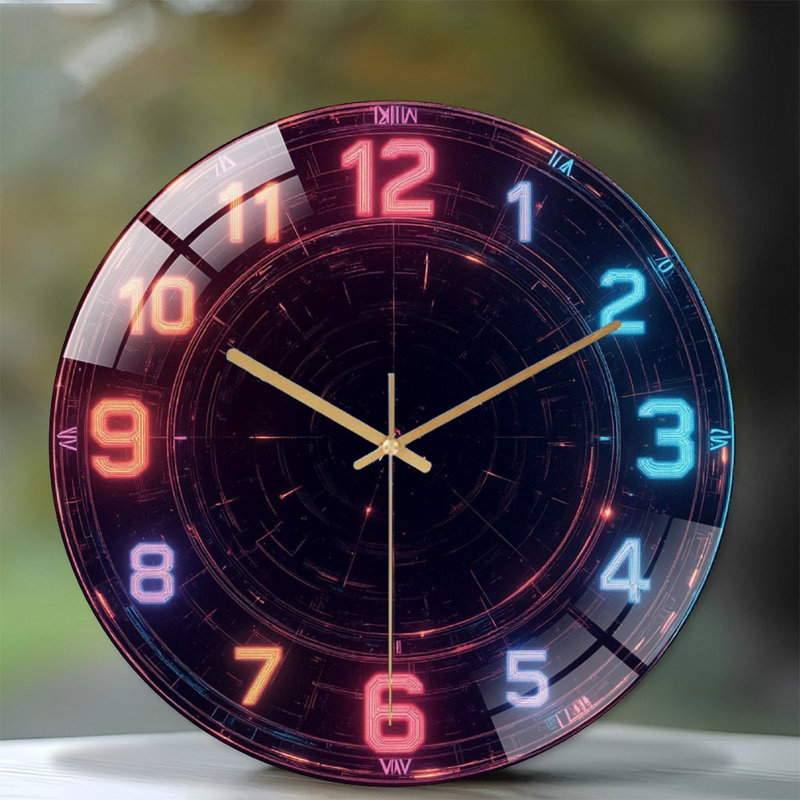 Neon Digital Clock Wall Decor with LED Lights Art - 12'' Modern Glass Wall Clock