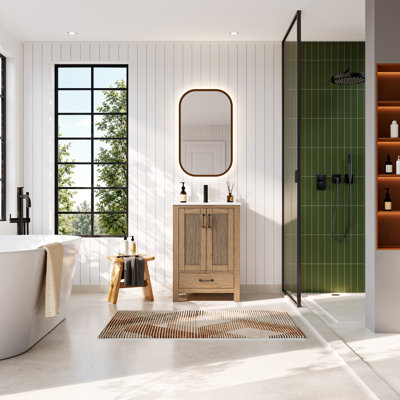 Meuble-lavabo simple 24 po avec plateau en céramique, portes à fermeture en douceur et tiroir