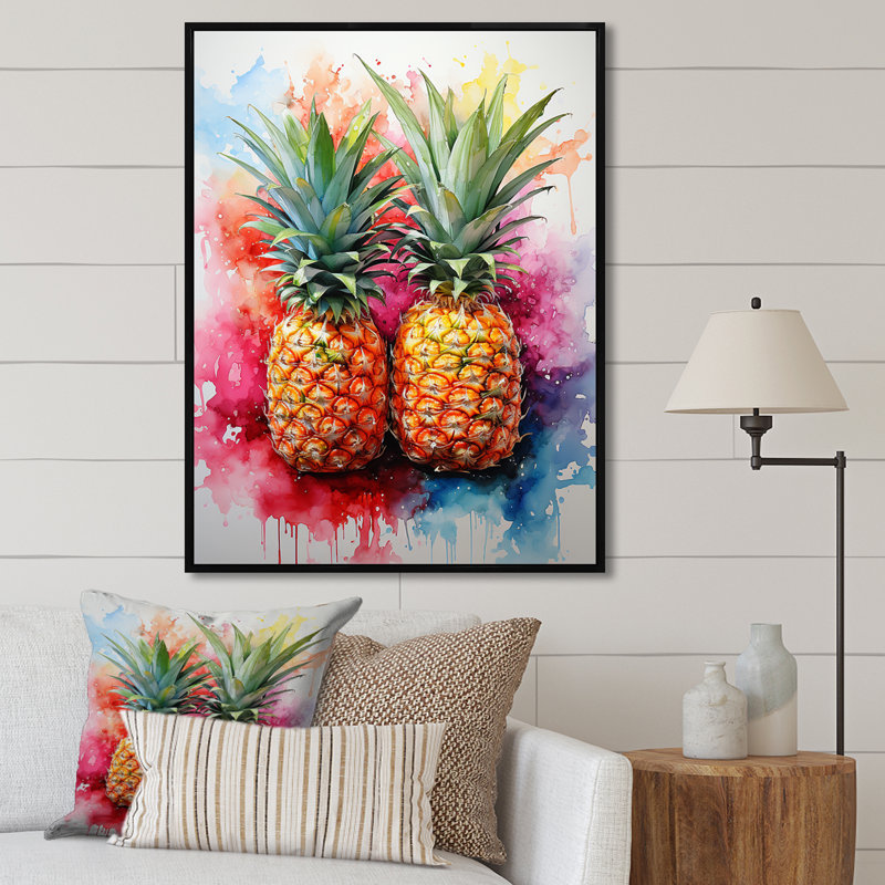 Fusion d'ananas dorés sur toile, Cadre flottant noir, H 32 po x l 16 po x P 1 po