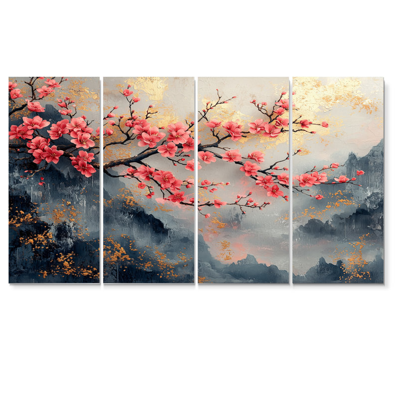 Rose et bleu, cerisier en fleurs, arbre en Chine, ensemble d'art mural sur toile, H 28 po x l 48 po