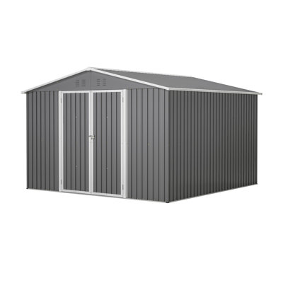 Remise de rangement extérieure en métal 10 x 10 pi, remise à outils de jardin grise avec toit incliné pour l'organisation de la cour