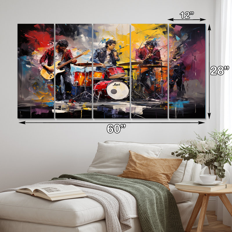 Rock Band In Action III - Reproduction d'art mural de divertissement - 5 panneaux égaux