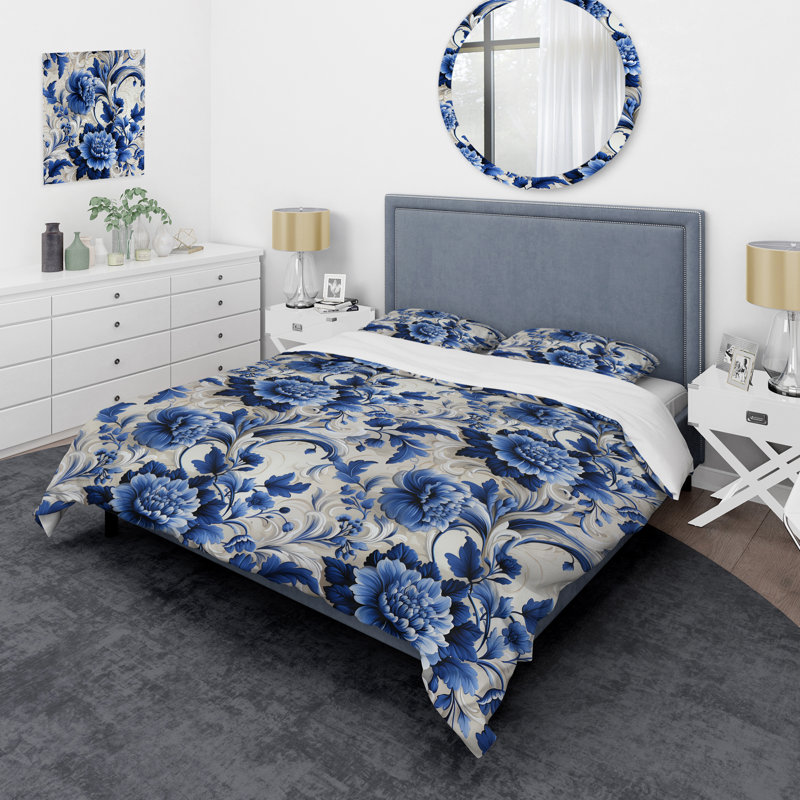 Cobalt Blue Lacework Scrolls Victorian Pattern II - Ensemble de housse de couette à motif floral