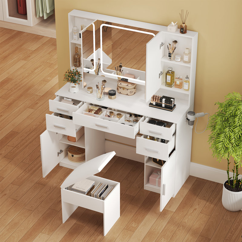 Vanity Set With LED Mirror & Power Outlets, 5 Drawers with Hair Dryer Holder, White