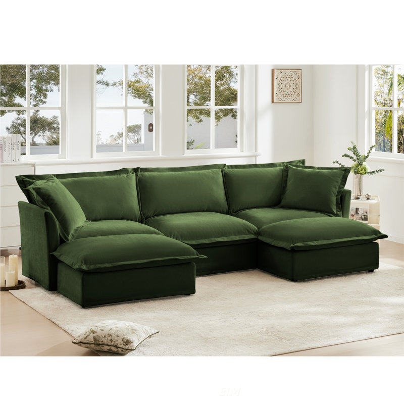 Upholstered U-Shaped with Ottoman Sectional, Green Chenille, 34.6" H x 156.6" W x 55" D