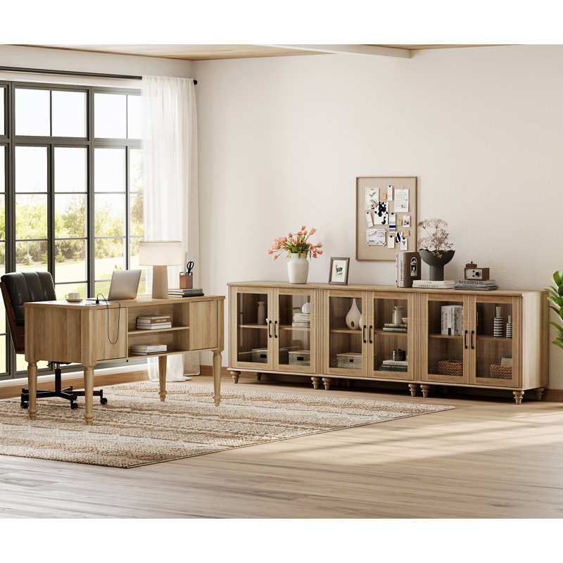 2 Piece Office Set, 56" Executive Desk & Set Of 3 Cabinets With Glass Door, Oak