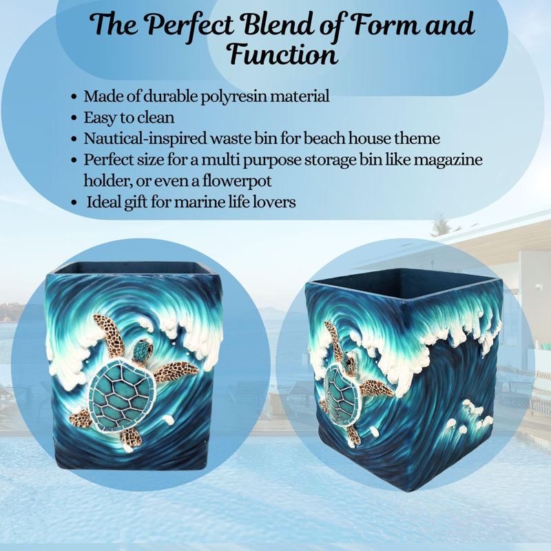 Resin Nautical Wastebasket Sea Turtle Wave Design