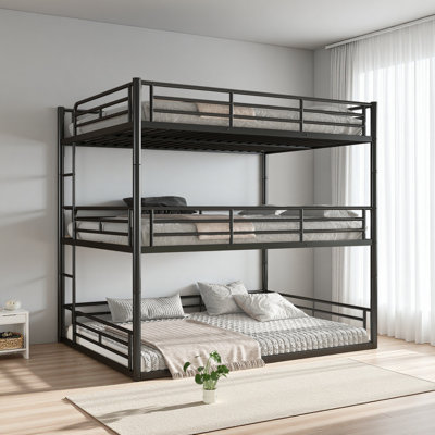 Metal Triple Bunk Bed With Safety Guardrails