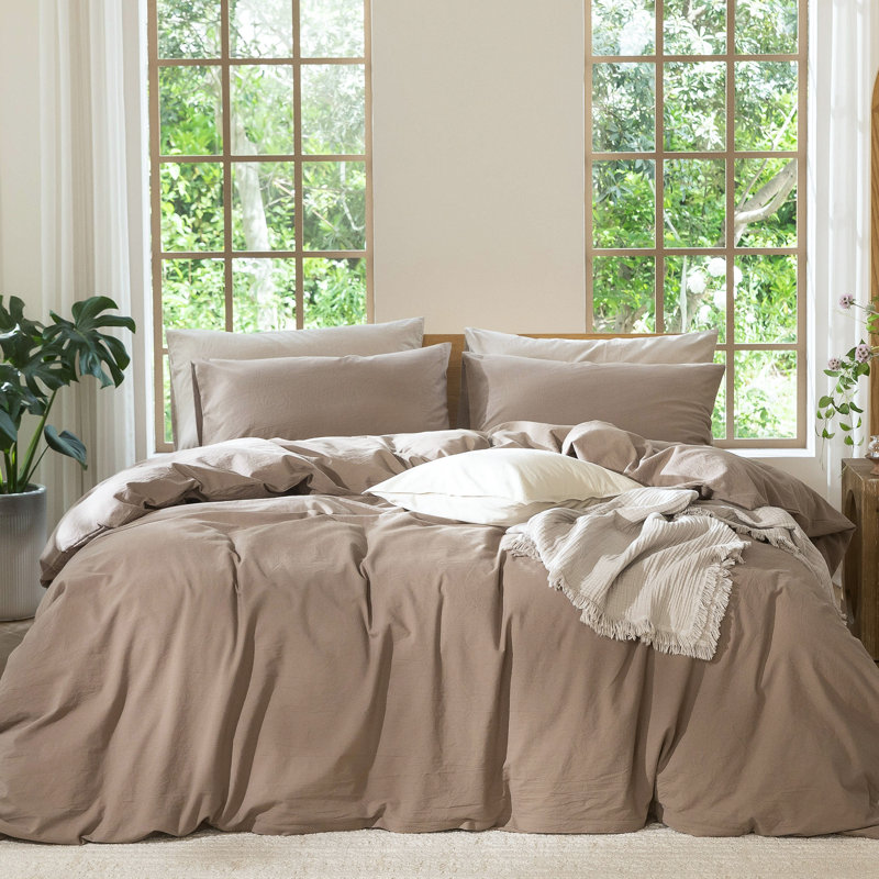 MooMee Lightweight Duvet Cover Set with Zipper Closure 8 Ties 100% Washed Cotton Linen Like Textured Soft Breathable All-Season